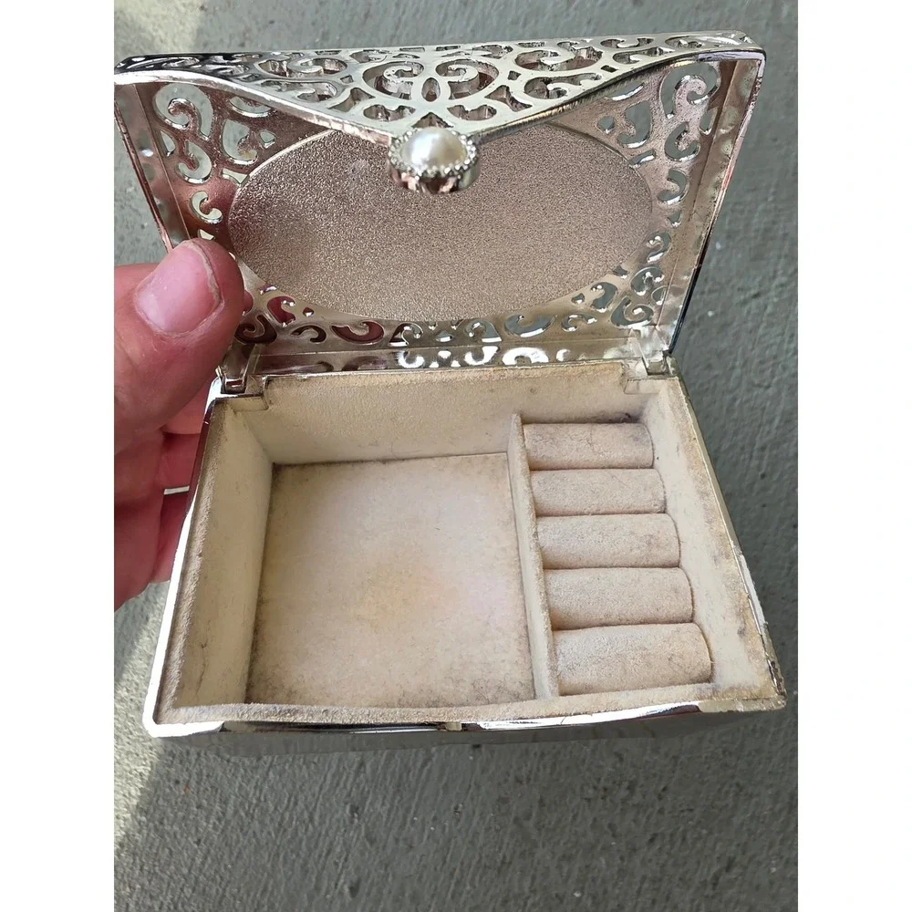 Always & Forever Silver‎ Tone Filigree Jewelry Trinket Box Faux Pearl Accent Z2